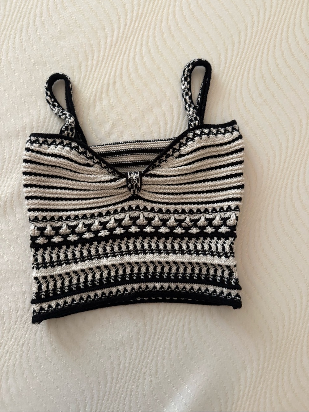 Aqua Black & White Striped Knit Cropped Tank